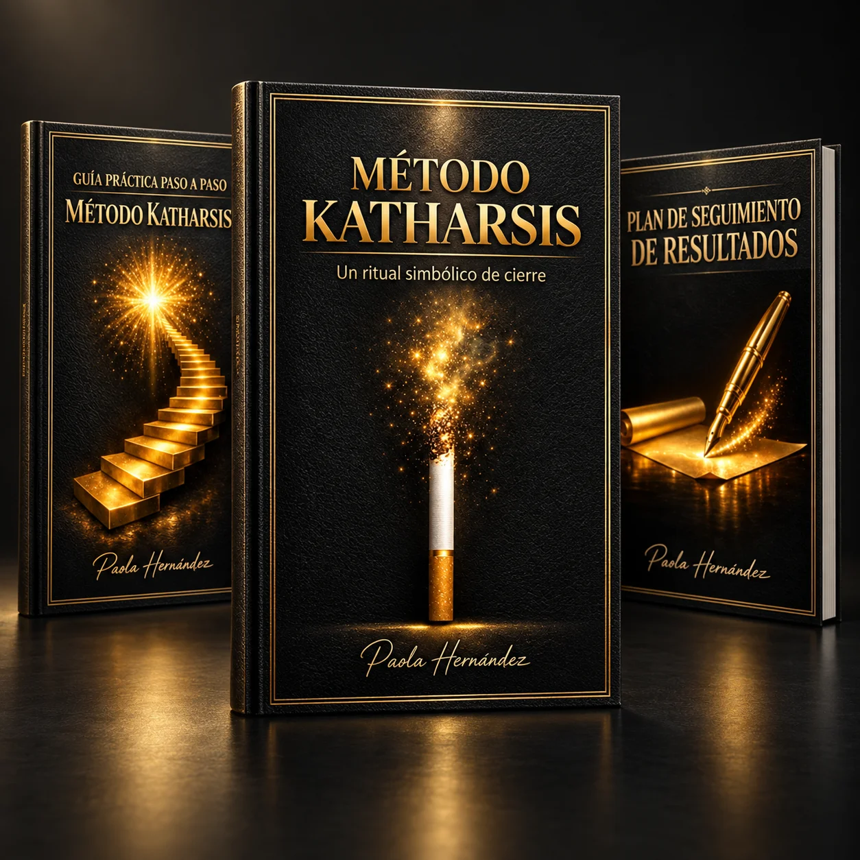 Mockup de los ebooks Método Katharsis, Guía práctica paso a paso y Plan de seguimiento de resultados, con sus portadas negras y doradas